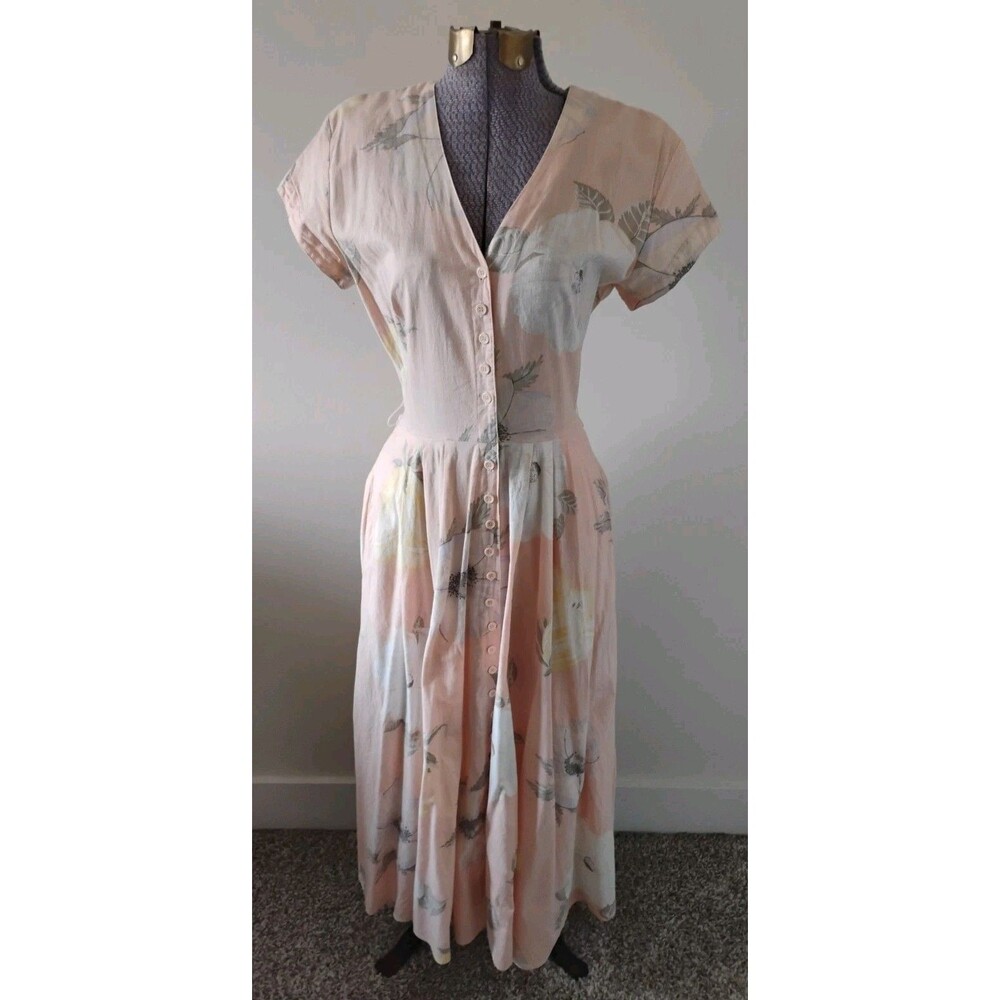 Vtg 80s Carol Anderson Cotton Midi Dress 6/8 Button Up V Neck Modern Romantic